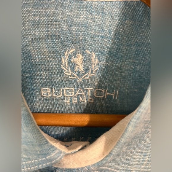 Bugatchi Shaped Fit 100% Linen Light Blue Button-Up Shirt Roll Top Sleeves M - Picture 6 of 13